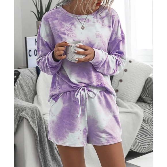 Purple Tie Dye Long Sleeves T-shirt and Shorts Sets - Picture 3 of 4